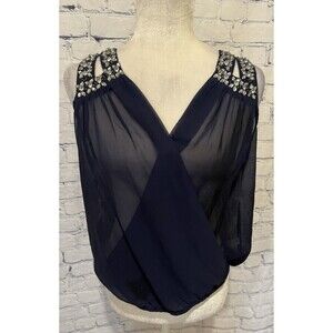 Charming Charlie navy blue sheer sleeveless blouse with embellished shoulders S